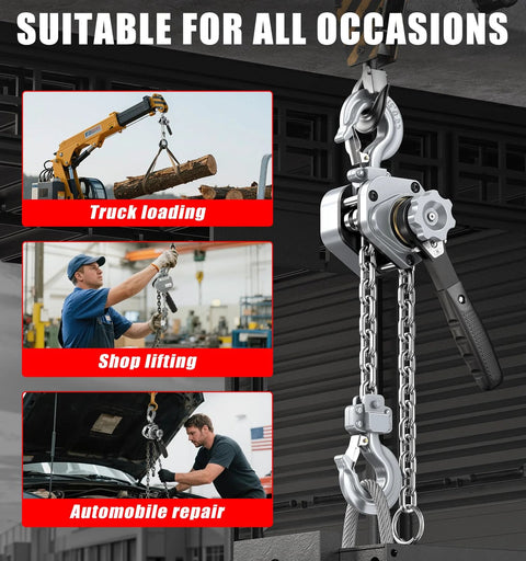 HUGOASIS mini lever hoist, 1/2 ton capacity, aluminum body, 10 ft lift, G80 chain, silver, dual brake.
