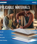 Two people using a drill above diagrams showing materials like drywall, wood, thin metal, and plastic sheeting.