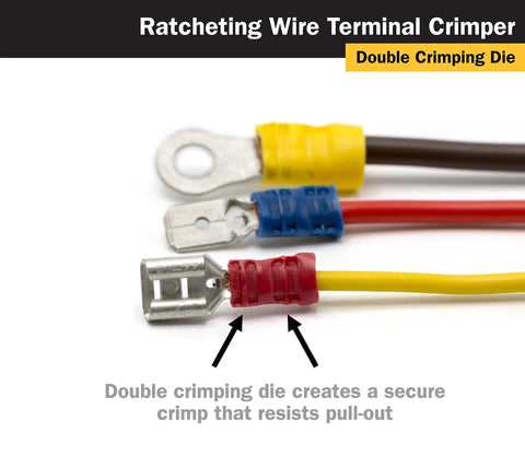 Ratcheting Wire Terminal Crimper Tool For Insulated Terminals With Fixed Jaw Adjustable Clamping And Double Crimp Die Display