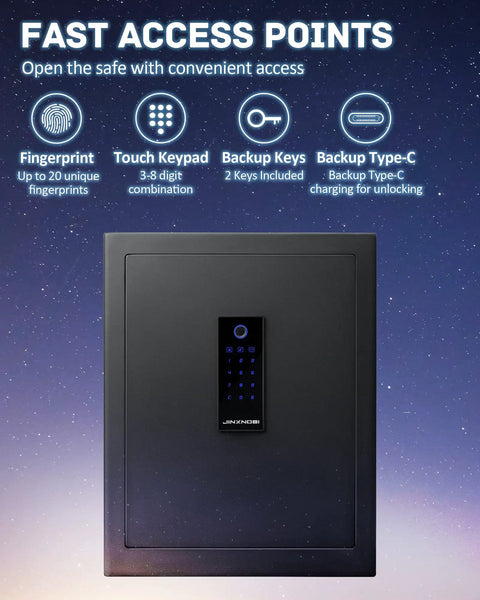 1.33 Cu Ft Biometric Safe Box with Fireproof Waterproof Document Bag showing fingerprint lock and keypad features