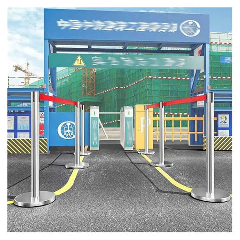 Built Tough Stainless Steel Stanchion Set Of 2, 35 Inch High Crowd Control Posts guiding entrance with retractable belts.