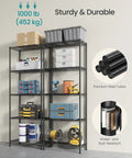 Five Tier Metal Wire Storage Shelf Unit With Adjustable Shelves For Garage Kitchen Pantry And Living Areas Ink Black Finish 11.8 Inch Deep 23.6 Inch Wide 63.4 Inch High Sturdy Durable And Easy Assembly, loaded with tools and bins