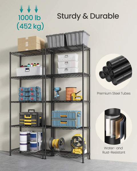 Five Tier Metal Wire Storage Shelf Unit With Adjustable Shelves For Garage Kitchen Pantry And Living Areas Ink Black Finish 11.8 Inch Deep 23.6 Inch Wide 63.4 Inch High Sturdy Durable And Easy Assembly, loaded with tools and bins