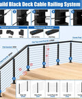 Level Up Your Home Game With This Solid 15 To 20 Ft Cable Railing Post Kit Including Four Adjustable Top Drilled Posts A Full Swageless Bundle And T316 Stainless Steel Wire Rope To Snap Together Quick For Your Porch Or Patio Area, showcasing components of the black deck cable railing system.