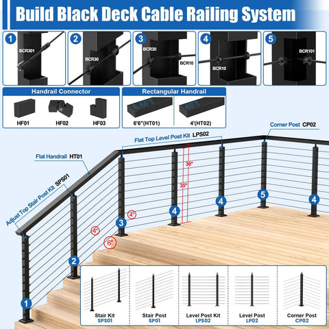 Level Up Your Home Game With This Solid 15 To 20 Ft Cable Railing Post Kit Including Four Adjustable Top Drilled Posts A Full Swageless Bundle And T316 Stainless Steel Wire Rope To Snap Together Quick For Your Porch Or Patio Area, showcasing components of the black deck cable railing system.