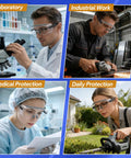 Collage featuring use of Over Eyeglasses Safety Glasses With No Fog Anti Fog Scratch Resistant Wraparound Lens in laboratory, industrial, medical, and daily settings