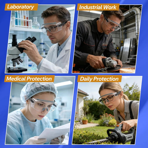 Collage featuring use of Over Eyeglasses Safety Glasses With No Fog Anti Fog Scratch Resistant Wraparound Lens in laboratory, industrial, medical, and daily settings
