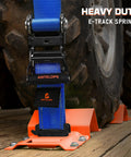 Beefy Heavy Duty Wheel Chock And Tie Down Kit With 4400Lb Break Strength Trailer Tire Straps securing an ATV wheel
