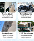 EZ-Xtend marine-grade twist fasteners collage showing marine covers, cover securing, canvas covers, and RV/tent covers.