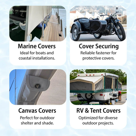 Heavy Duty Marine Twist Fasteners And Turn Button Eyelets With Long Prongs Hella Secure Canvas Hardware For Boat Covers Awning Clips And RV Weather Seals No Sweat Installation Includes Five Piece Set displayed on marine covers and RV tents.