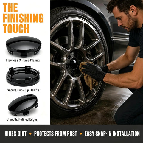 Four Pack Slick Wheel Center Caps Featuring Straight Forward Snap In Fit And Rust Proof Abs Build With Polished Chrome Rings to enhance SUV rims.