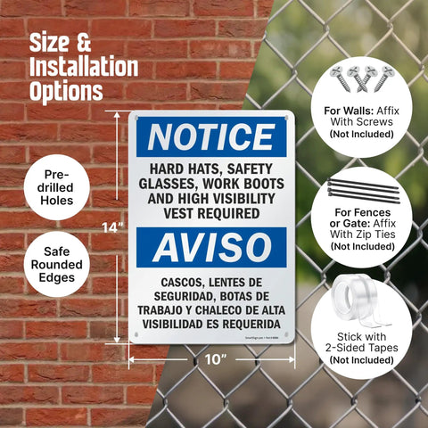 Must Have PPE Required Notice Sign 10x14 Aluminum Bilingual For Hard Hats Glasses Boots Vest Rustproof Weatherproof 40 Mil Sign With Four Mounting Holes For Easy Install Outdoor Use
