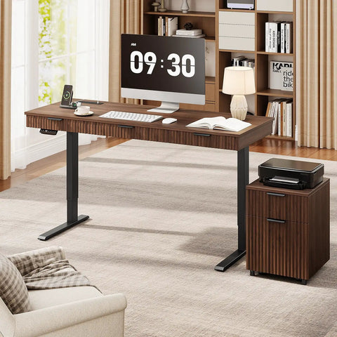 Killer 55 Inch Electric Standing Desk With Smooth Walnut Top And Ultra Silent Motor Making Your Sit Stand Workspace A Breeze While Nailing Daily Ergonomic Comfort in a home office.
