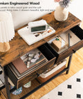 Top view of Ultra Slim 29.5 Inch Console Table With 3 Tier Storage, Two Fabric Drawers, Rustic Brown and Black in living room
