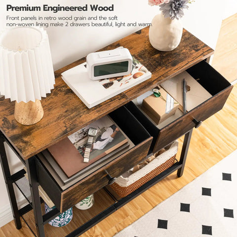 Top view of Ultra Slim 29.5 Inch Console Table With 3 Tier Storage, Two Fabric Drawers, Rustic Brown and Black in living room