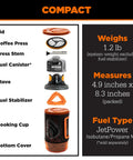 Flash Java 1.8L Portable Stove With Coffee Press components labeled including lid, canister, stabilizer, and measurements, orange topo design