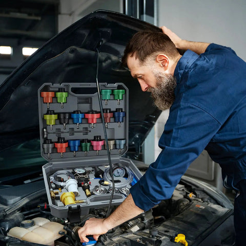 Grease Monkey Approved 30 Piece Coolant Pressure Testing Kit With Radiator Cap Adapters and tools being used on a vehicle engine.