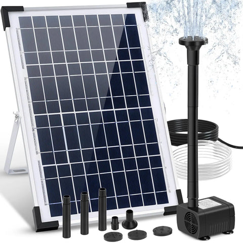 12W Solar Fountain Pump with 3 Nozzles, showing solar panel and spray, for Ponds and Garden Water Features