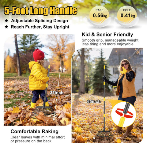 Beast Heavy Duty Metal Garden Leaf Rake 18 Inch Wide Head With 65 Inch Adjustable Handle 25 Steel Tines in use by individuals in autumn.