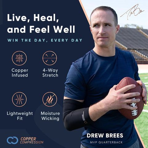 MVP quarterback wearing arm sleeve holding football, promoting copper-infused 4-way stretch lightweight fit and moisture wicking benefits.