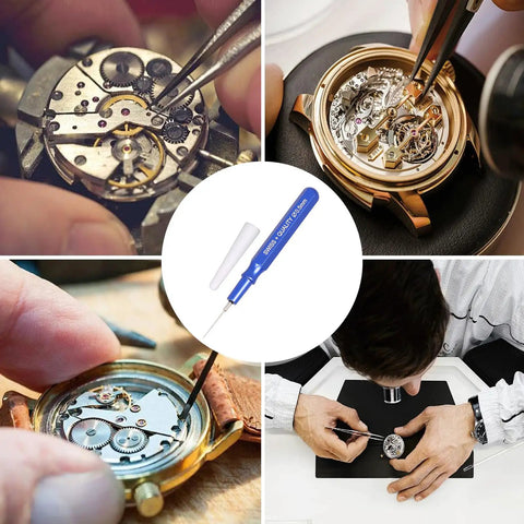 Pro Grade Watch Oil Pen Tool for Precision Lubrication, blue needle oiler kit used in mechanical watch maintenance close-up