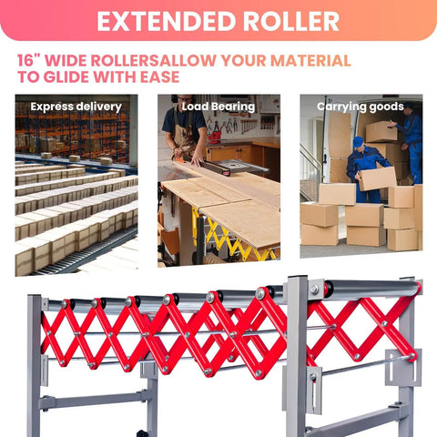 16" wide Heavy Duty Expandable Conveyor Roller With 600 Lbs Capacity And Portable Flexible Folding Design plus Locking Swivel Casters in use.