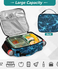 Glowing Blue Lightning Bolts Insulated Lunch Bag For Kids And Adults With Dope Shoulder Straps For Office Travel School Keeps Food Fresh Spacious Main Compartment And Two Side Pockets Durable Polyester Cooler Tote, open large capacity with foil lining
