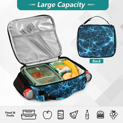 Glowing Blue Lightning Bolts Insulated Lunch Bag For Kids And Adults With Dope Shoulder Straps For Office Travel School Keeps Food Fresh Spacious Main Compartment And Two Side Pockets Durable Polyester Cooler Tote, open large capacity with foil lining