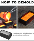 Four-piece graphite ingot mold set (4.01 x 2.01 x 1.01 in) for casting metals; shows molten metal poured into rectangular molds.