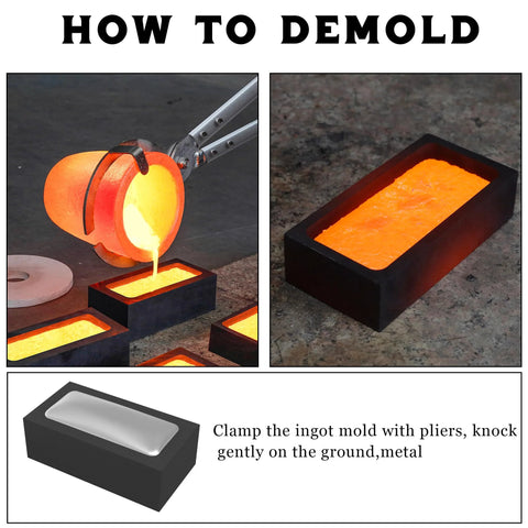 Four-piece graphite ingot mold set (4.01 x 2.01 x 1.01 in) for casting metals; shows molten metal poured into rectangular molds.