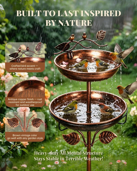 Two In One Metal Bird Bath And Feeder For Outdoor Gardens, Vintage Bronze Free Standing Yard Decor with dual bowls in rain