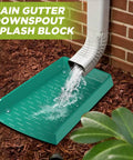 4 Pack No Sweat Rain Gutter Downspout Extensions Featuring Extra Wide One Piece Splash Block Design For Rock Solid Water Drainage And Foundation Protection Drop Dead Easy Setup Green with water flowing from downspout.
