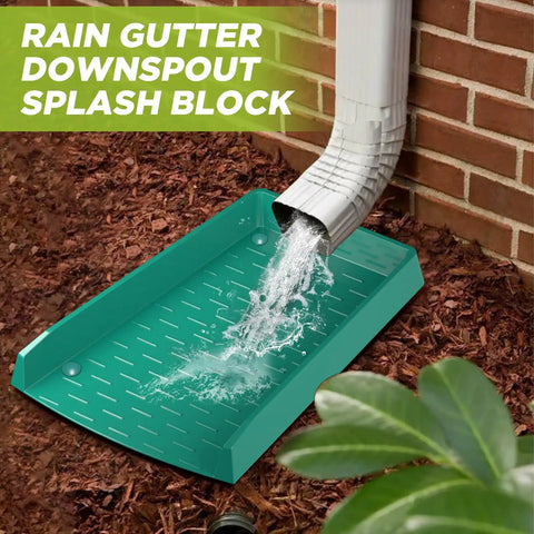 4 Pack No Sweat Rain Gutter Downspout Extensions Featuring Extra Wide One Piece Splash Block Design For Rock Solid Water Drainage And Foundation Protection Drop Dead Easy Setup Green with water flowing from downspout.
