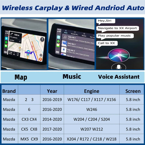 Wireless Apple CarPlay Retrofit Kit For Mazda 2 3 6 CX-3 CX-5 CX-9 MX-5 2014-2020 interface on display screen