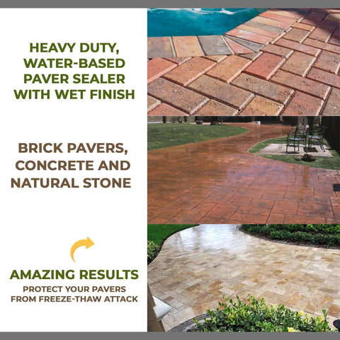 Top Notch Wetlook Paver Sealer and Joint Sand Stabilizer for Brick Patios and Concrete Walkways and Natural Stone on wet paver surfaces showcasing different finishes.