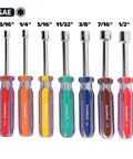 Seven Piece SAE Nut Driver Set With Chrome Vanadium Steel Blades And Acetate Color Coded Handles Ideal For Automotive DIY And Mechanical Projects Rust Resistant ANSI Rated Tools displayed in a row with size markings from 3/16 to 1/2 inch.