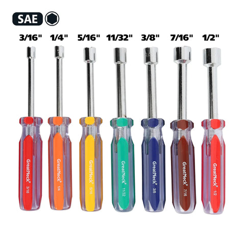 Seven Piece SAE Nut Driver Set With Chrome Vanadium Steel Blades And Acetate Color Coded Handles Ideal For Automotive DIY And Mechanical Projects Rust Resistant ANSI Rated Tools displayed in a row with size markings from 3/16 to 1/2 inch.