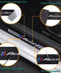 Detailed view of Four Piece Carbon Fiber Look And Textured Leather Door Sill Protectors for Daily Drivers in black, showcasing easy installation and cleaning.