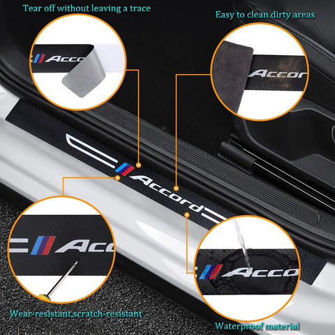 Detailed view of Four Piece Carbon Fiber Look And Textured Leather Door Sill Protectors for Daily Drivers in black, showcasing easy installation and cleaning.