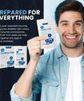 Man holding Soft Nonwoven Abdominal Wound Pads 5x9 Inch 20 Count Sterile ABD Pads pack, smiling against a promotional background.