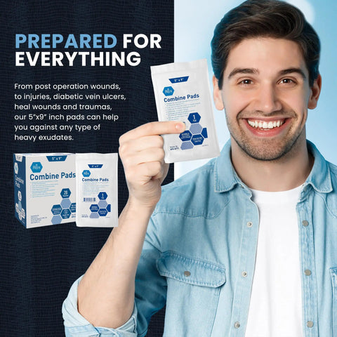 Man holding Soft Nonwoven Abdominal Wound Pads 5x9 Inch 20 Count Sterile ABD Pads pack, smiling against a promotional background.