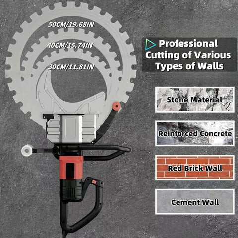 16 Inch Electric Concrete Ring Saw With 8900w Brushless Motor And Water Fed Dust Control For Smooth Core Cutting Up To 118 Inch Depth Shop Dog Workhorse Rig For Daily Trade Tasks, showing cutting blades for various wall types.