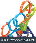 Colorful Four Loop Track Set With Three Way Crash Zone And Motorized Booster for Nonstop Stunts, featuring four loops