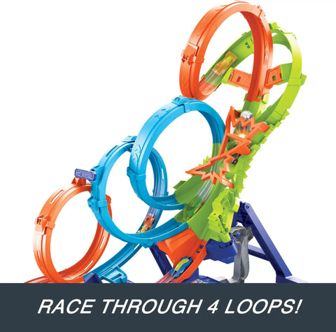 Colorful Four Loop Track Set With Three Way Crash Zone And Motorized Booster for Nonstop Stunts, featuring four loops