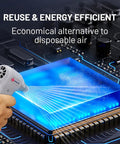 Beast Mode 250,000 RPM Air Duster With Ergonomic Grip cleaning computer chip, showing fast airflow and energy efficiency.