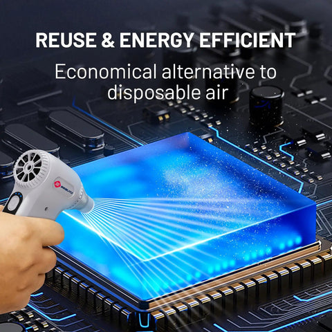 Beast Mode 250,000 RPM Air Duster With Ergonomic Grip cleaning computer chip, showing fast airflow and energy efficiency.