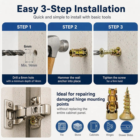 Easy 3-step installation guide for Heavy Duty 6x14mm Short Expansion Screws Kit For Cabinet Door Hinge Repair And Stripped Thread Fix
