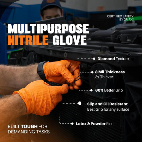 Ultra Thick 8 Mil Orange Nitrile Gloves With 3D Raised Diamond Texture Latex Free And Powder Free For Industrial And Mechanic Jobs