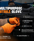 Kickass Heavy Duty 8 Mil Orange Nitrile Gloves With Diamond Textured Grip, Latex And Powder Free For Industrial Mechanic Shops, Ultra Thick Chemical Resistant Protection, 10 Pack Large, close-up of hands working.