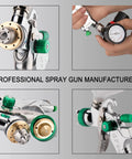 Pro Grade HVLP Spray Gun With Adjustable One Point Four One Point Seven And Two Point Zero Millimeter Tips, showcasing nozzle sizes and pressure gauge.
